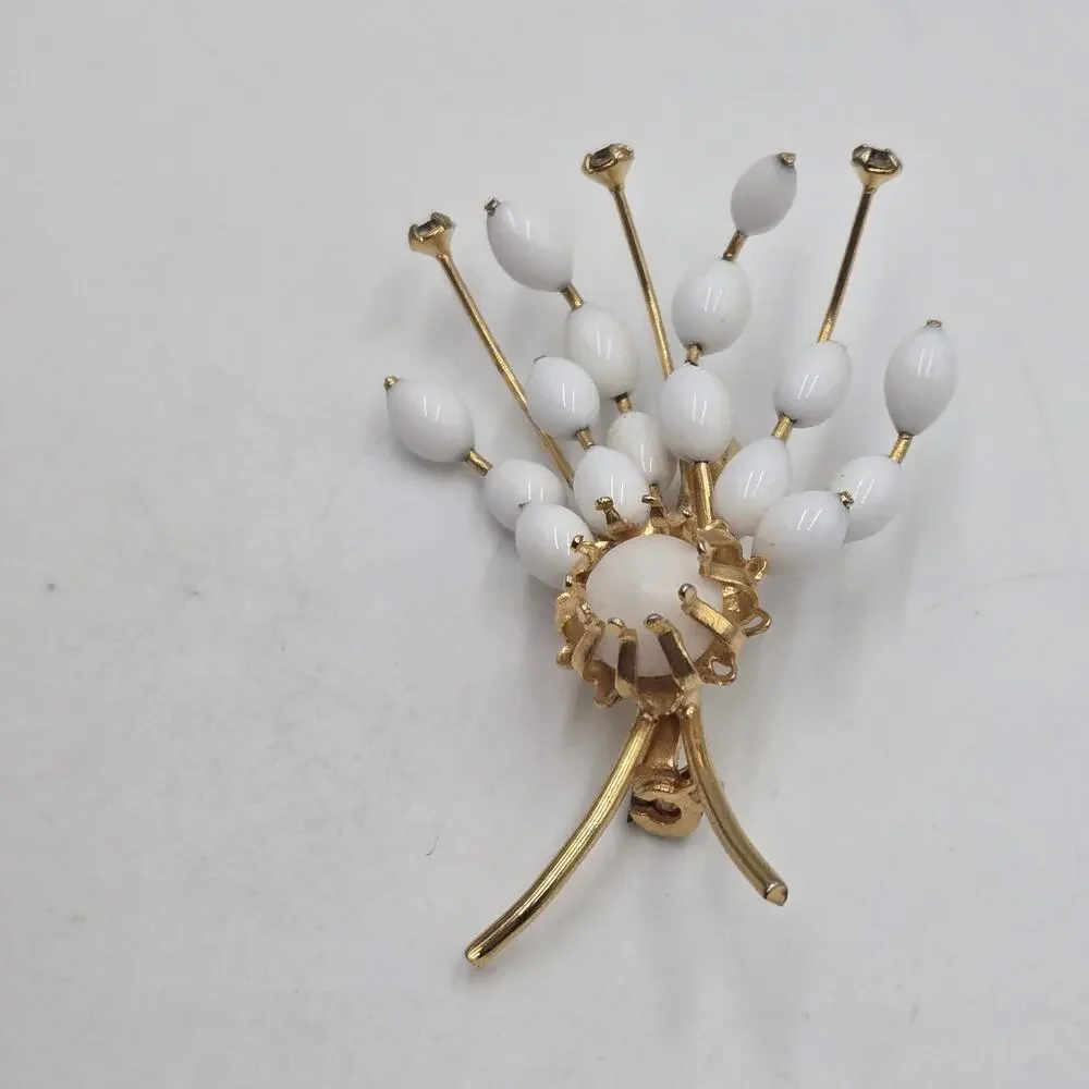 Vintage Made Austria Signed Milk Glass Flower Brooch Rhinestones Spray Gold Tone